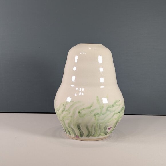 Heavy pottery hand painted lamp base, wavy seaweed nautical home decor - Picture 4 of 9